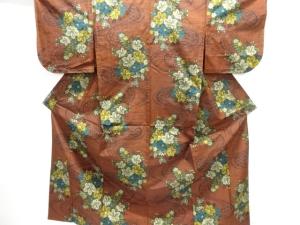 未使用品　流水に花模様織り出し十日町紬単衣着物